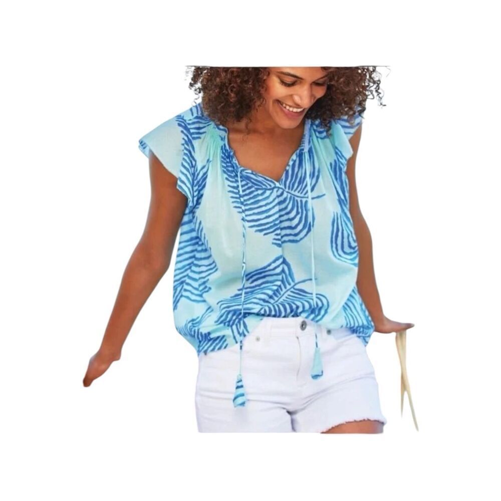 Vinyard Vines Flutter Sleeve Cotton Gauze Tassel Top Blue and Green Floral Size